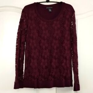 Adrianna Papell burgundy lace over blouse stretch size medium long sleeve